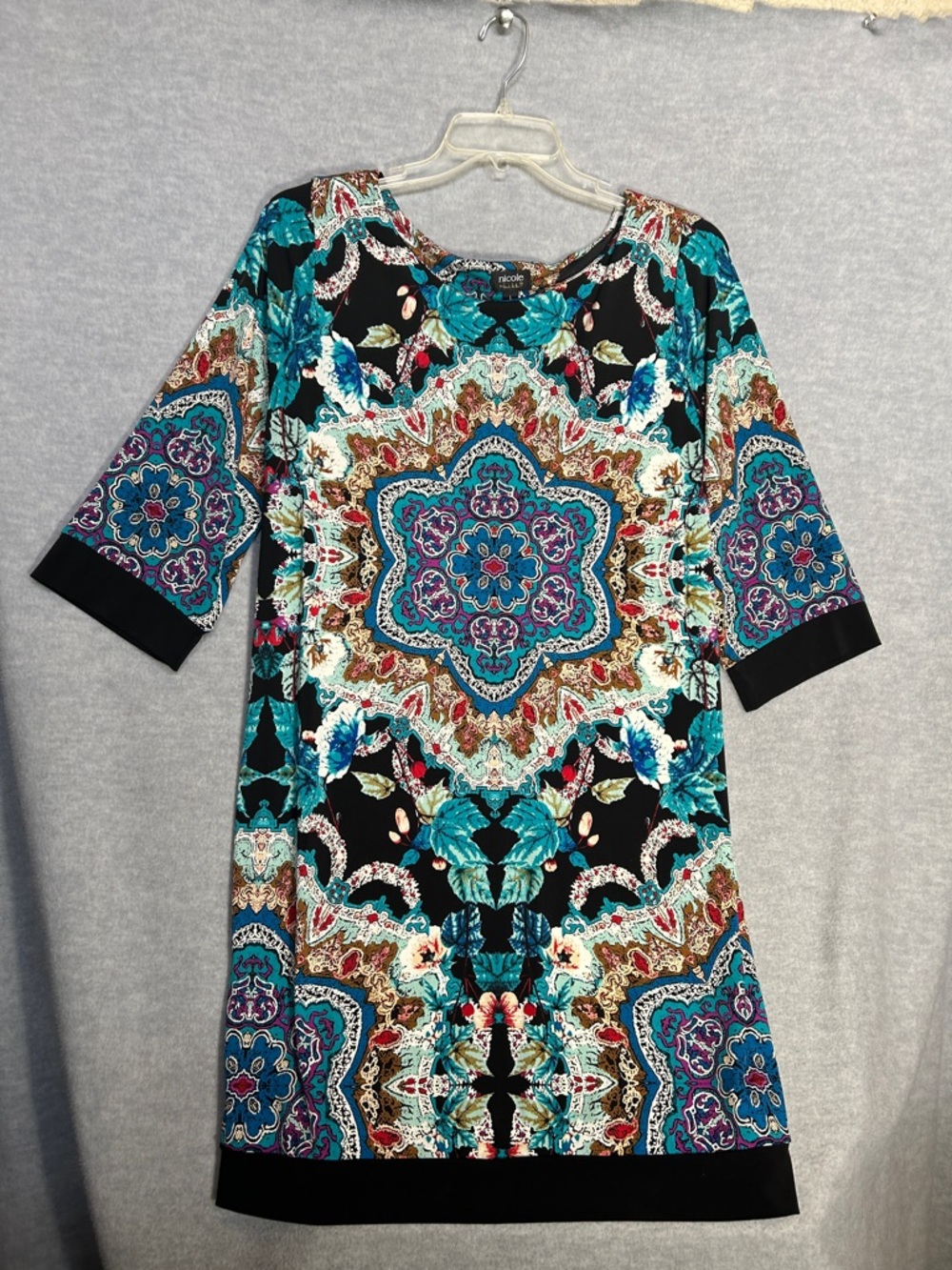 NICOLE MILLER Y2K Abstract Paisley Stretch Shift Dress Tunic 3/4 Bell Sleeves